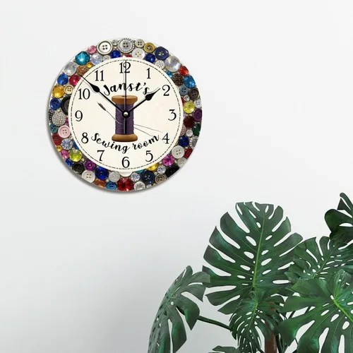 Vista 3 de ArogGeld Reloj de pared personalizado para sala de costura, botón de joya de color, 10 pulgadas, reloj de sala de manualidades, funciona