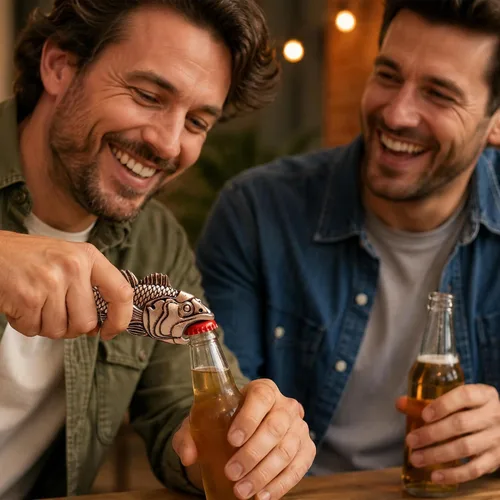Vista 6 de Abrebotellas de pescado para hombres – Abrebotellas de pesca de cobre antiguo, abridor detallado de cerveza de bajo de boca grande, regalo