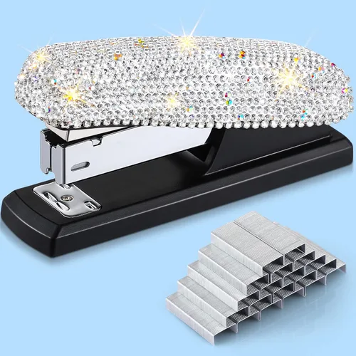 Vista 7 de Yexiya - Grapadora de colores AB para escritorio, con diamantes de imitación, regalo de regreso a clases, capacidad de 20 hojas con 1000 grapas