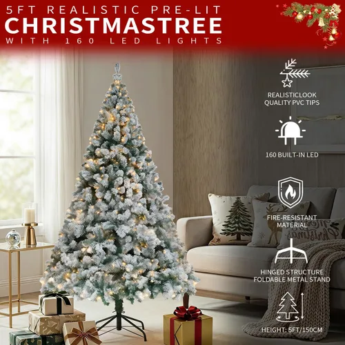 Vista 6 de Árbol de Navidad de 5 pies con luz, árbol de Navidad artificial de nieve