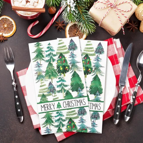 Vista 6 de Servilletas de Navidad para invitados de Navidad, árbol de Navidad, servilletas de papel desechables de 3 capas de acuarela verde para cena