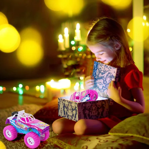 Vista 6 de Pink Toys Auto para niña pequeña, paquete de 2 camiones de juguete Push and Go de 6.3 pulgadas para niños de 3, 4, 5, 6 años, con luces LED, música
