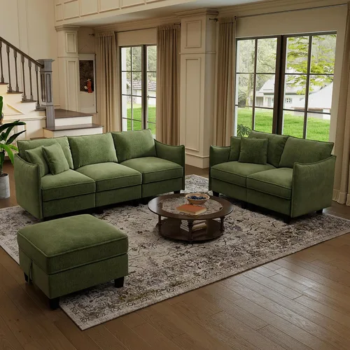 Vista 8 de Sofá modular modular en forma de U de 112 pulgadas con otomana de almacenamiento y funda de cojín lavable para sala de estar, dormitorio Verde