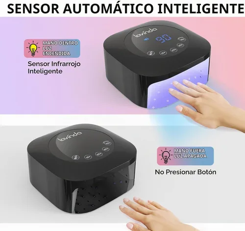 Vista 5 de Lámpara de uñas UV LED Lavinda, luz UV de 54W para esmalte de gel acrílico, lámpara de gel profesional con sensor automático, secador de uñas