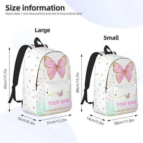 Vista 4 de Mochila personalizada para niñas y niños, mochilas personalizadas con nombre para niños, mochila escolar personalizada para viajes, Mariposa