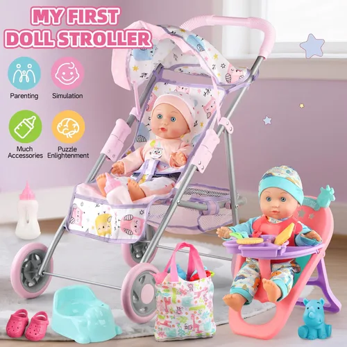Vista 2 de YIYBM Juego de Cochecito de Muñeca Bebé con Muñeca Bebé de 12.5", Silla de Comedor, 2 Juegos de Ropa y 20 PCS Accesorios para Muñecas. Juguete