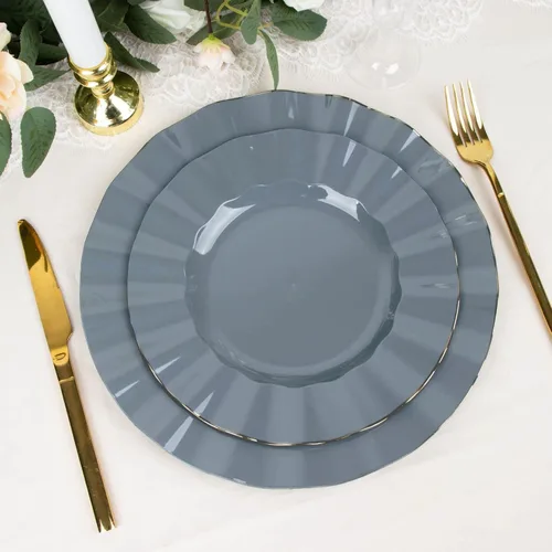 Vista 171 de Tableclothsfactory Paquete de 10 platos redondos de plástico negro de 6 pulgadas para ensalada de postre, platos desechables con borde ondulado