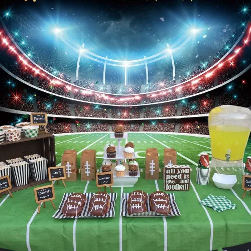 Vista 4 de Telón de fondo de campo de fútbol, estadio deportivo, auditorio, fondo de fotografía, decoración de fiesta temática de fútbol, pancarta de mesa
