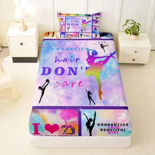 Vista 11 de Sábana bajera ajustable de ballet para niñas, juego de ropa de cama de ballet para danza de ballet, sábanas de cama con rayas geométricas onduladas
