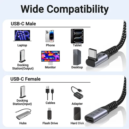 Vista 6 de Cable de extensión USB 4.0 USB-C macho a hembra en ángulo recto de Carga rápida de 240 W 5 A, transferencia de datos de alta velocidad de 40 Gbps
