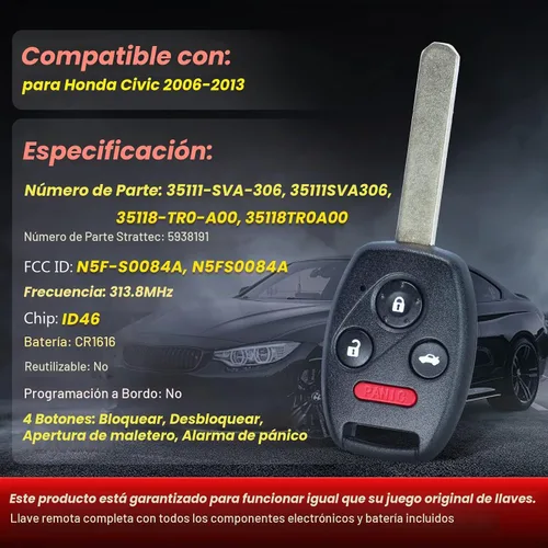 Vista 3 de Llavero de repuesto para Honda Civic 2006 2007 2008 2009 2010 2011 2012 2013 N5F-S0084A entrada sin llave Control remoto llave de coche 4 botones