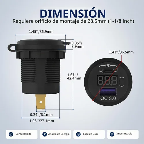 Vista 2 de DaierTek Paquete de 3 enchufes de cargador de coche USB C de 12 V, 48 W PD y QC 3.0 de carga rápida con voltímetro e interruptor