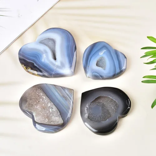 Vista 6 de JIC Gem Geoda de ágata de cristal de corazón grande, piedra de preocupación de palma drusa, cristales de reiki y piedras curativas 3.1-3.5 pulgadas