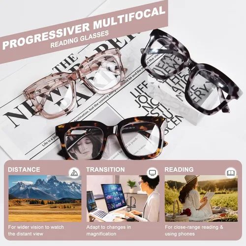 Vista 3 de Anteojos de lectura multifocales progresivos para mujer, para lectura de computadora con luz azul cuadrada de gran tamaño con bisagra de resorte
