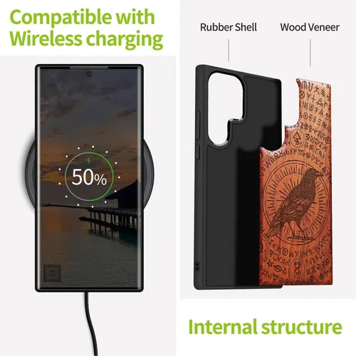 Vista 4 de Carveit Funda de madera para Galaxy S22 Ultra [madera natural y TPU suave negro] a prueba de golpes, diseño único de madera compatible con Samsung