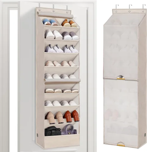 Vista 11 de STORAGE MANIAC Organizador de zapatos para colgar sobre la puerta con cortina, resistente al polvo, organizador de zapatos grande y profundo