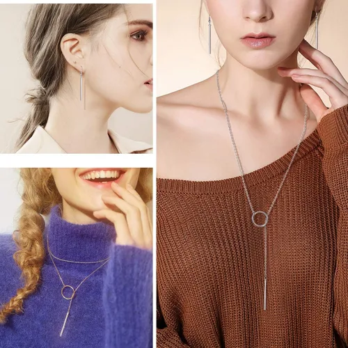 Vista 2 de FOCALOOK Vertical Bar Jewelry Set for Women Y-Necklaces for Women Lariat Bar Necklace Dangle Black Earrings Drop Bar Earrings