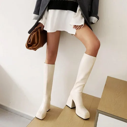 Vista 2 de SO SIMPOK Botas altas de tacón grueso para mujer, con punta cuadrada, botas góticas, botas de combate para equitación, botas Gogo
