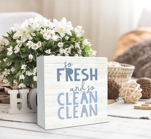 Vista 3 de SRADMO Letrero de madera con texto en inglés «So Fresh So Clean» para niños, decoración de escritorio con texto en inglés «So Fresh So Clean»