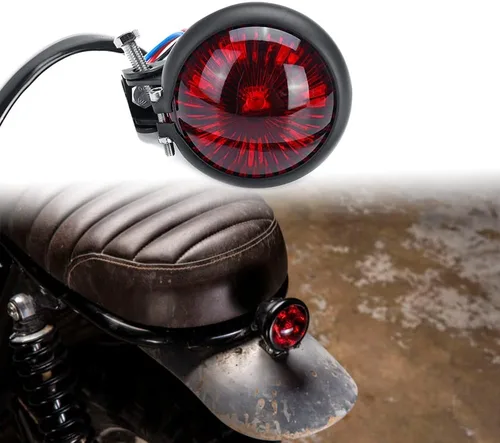 Vista 7 de Lámpara trasera de motocicleta LED estilo Bates con soporte para matrícula, luz de freno tipo bala, compatible con Cafe Racer, Bobber, Chopper, Rojo