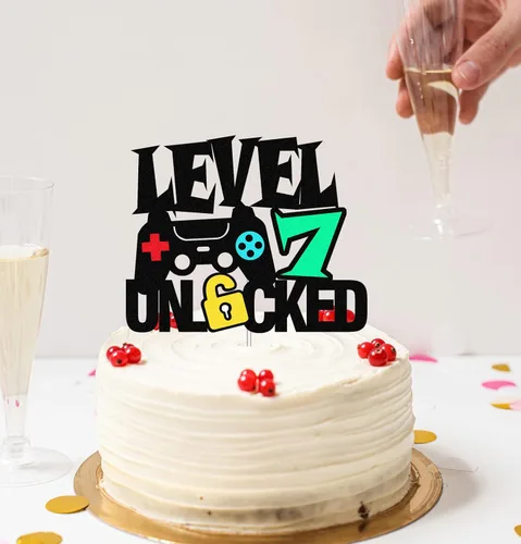 Vista 3 de Level 7th - Letrero desbloqueado para decoración de pastel de feliz 7º cumpleaños, decoración de pastel de nivel séptimo para controlador