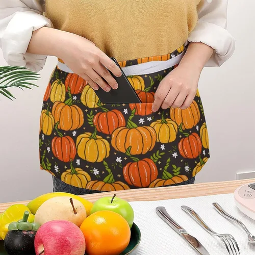 Vista 3 de HappyThanksgiving - Delantal de cintura con patrón de calabaza y otoño, con 3 bolsillos, medio corto, para camarero, restaurante, cocina, babero