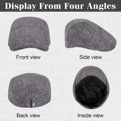 Vista 3 de Paquete de 2 sombreros de periódico para hombre, diseño clásico de espiga de tweed, mezcla de lana, gorra plana Ivy Cabbie