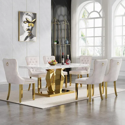 Vista 10 de Juego de 5 mesas de comedor de mármol sintético, juego de mesa de cocina y comedor para 4, mesa de comedor rectangular blanca de 70 pulgadas