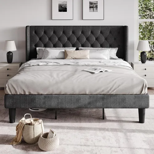 Vista 10 de HOOMIC Base de cama clásica de tamaño matrimonial con cabecera copetuda con botones en la parte trasera, plataforma tapizada con fuerte soporte
