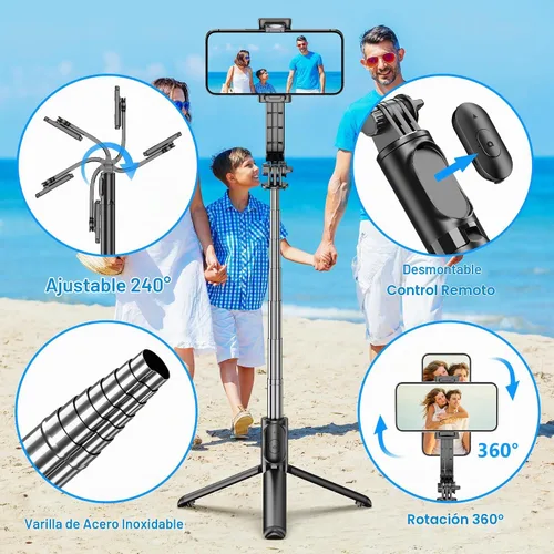 Vista 2 de SelfieShow Selfie Stick, Palo de Selfie Extensible con Trípode, Control Remoto Inalámbrico y Soporte de Trípode, Portátil, Ligero, Compatible