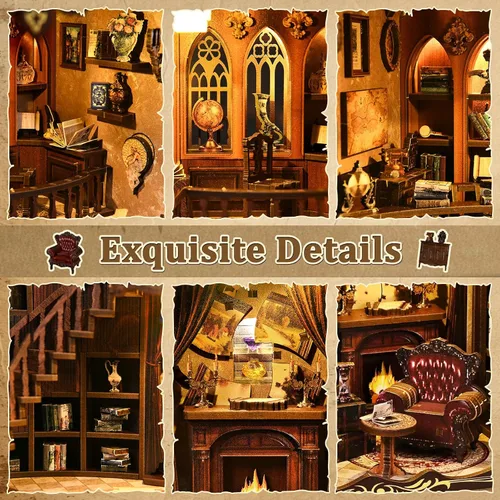 Vista 7 de Kit de rincón de libros en miniatura, rompecabezas de madera 3D, decoración de estantería de biblioteca con luces LED, modelo de casa pequeña