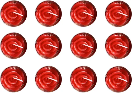 Vista 10 de Velas de té de rosa, 12 piezas hechas a mano delicadas velas de flores con 100 pétalos de rosa de seda, mini discos de vela para bodas