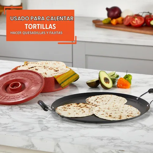 Vista 7 de IMUSA USA, Comal Grande Redondo de Acero al Carbono Negro con Asas de Baquelita, 14" Revestimiento de superficie antiadherente, asas de baquelita
