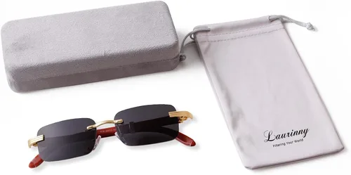 Vista 7 de Laurinny Lentes de sol rectangulares de metal dorado con lente tintada, patillas de madera de los años 90, gafas retro para mujeres y hombres