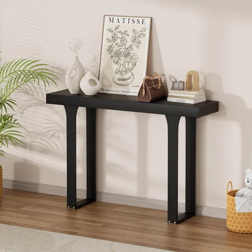 Vista 14 de Mesa consola estrecha de bambú de 47.2 pulgadas, mesa auxiliar de granja de 2 niveles, mesa de entrada rectangular, moderna mesa de sofá detrás