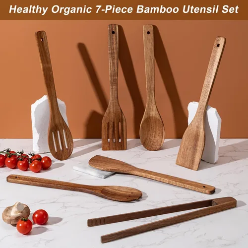 Vista 3 de Eisinly Cucharas de madera para cocinar, 7 piezas, juego de utensilios de cocina de madera antiadherentes, cuchara de espátula de madera duradera