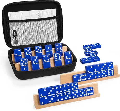 Vista 10 de Juego de dominós jumbo para adultos con 4 estantes/bandejas de madera, juego de dominós doble 6 para viajes con estuche portátil, juego de dominós