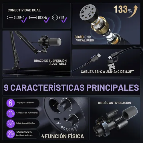 Vista 3 de FIFINE - Kit de micrófono de podcast K688, micrófono dinámico USB/XLR con brazo articulado para PC/mezclador XLR, micrófono para juegos con botón