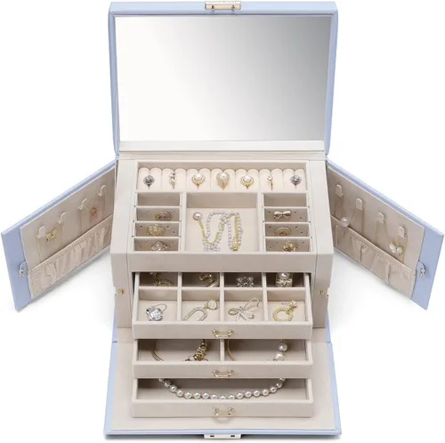 Vista 6 de Vlando Joyero organizador con cerradura con llave, bandeja de joyería de 3 cajones para collares, aretes, anillos, soporte de exhibición, espejo