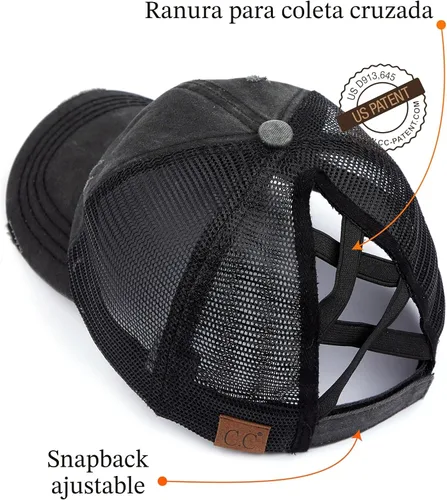 Vista 3 de C.C Gorra de béisbol de malla con diseño de estrella brillante, gorra de camionero ajustable para moño o cola de caballo Una banda elástica-negro