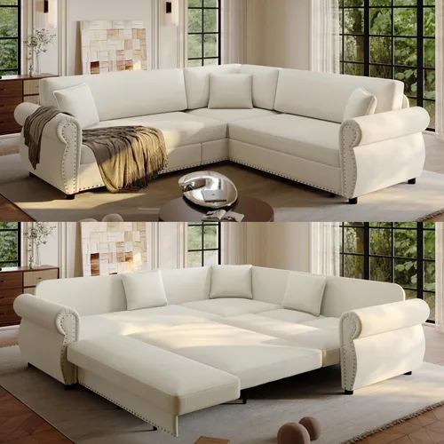 Vista 10 de Sofá cama seccional en forma de L de 6 asientos, sofá extraíble de chenilla gris Gris oscuro