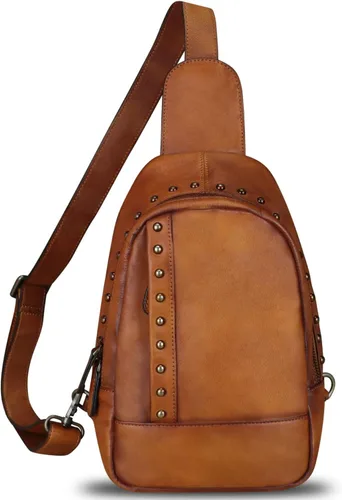 Vista 2 de IVTG Bolso bandolera de cuero genuino para mujer, mochila bandolera para el pecho, hombro, senderismo, vintage, hecho a mano, casual, bolso cruzado