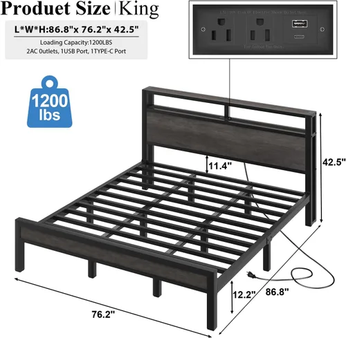Vista 24 de LOEWAY Base de cama tamaño Queen con cabecero de almacenamiento y luces LED, color gris