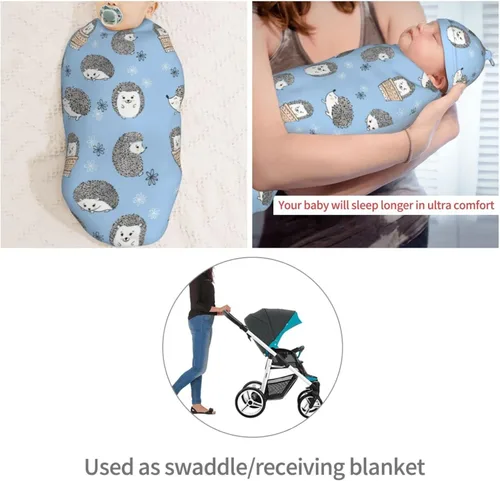 Vista 4 de Lindos erizos azules para recién nacidos, conjuntos de gorros, manta suave para bebé, saco de envolver para baby shower, regalo para niños y niñas