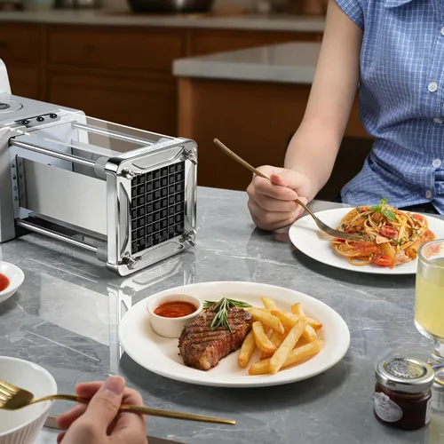 Vista 2 de Sopito Cortador de Papas Fritas Eléctrico Cortador de Papas de Acero Inoxidable con Cuchillas de 1/2 y 3/8 Pulgadas para Papas, Zanahorias, Pepinos