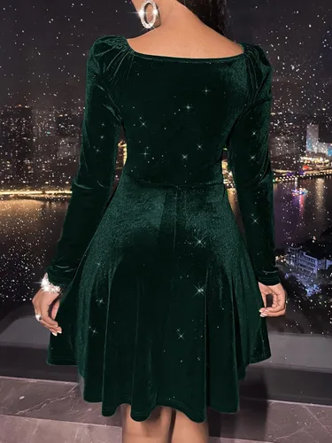 Vista 3 de Sexyasasii Vestido corto de terciopelo con cuello en V y manga larga para mujer, con brillantina, línea A, para cóctel, fiesta, swing y acampanado