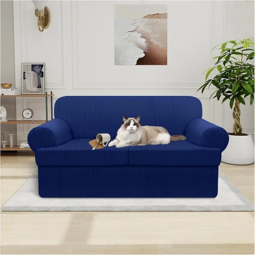 Vista 17 de Funda impermeable para silla con brazos, juego de 2 piezas, funda a rayas para 1 sofá separado con cojín en T, fundas de sillón de tela