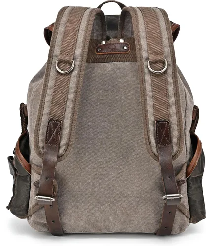 Vista 4 de Mochila de lona Tapa Mochila grande de lona con detalles de cuero genuino Mochila retro para portátil, Gris, Mochila de senderismo