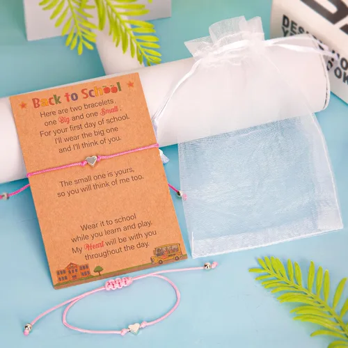 Vista 4 de EOBOH Suministros de pulsera de regreso a clases, pulsera para el primer día de jardín de infantes para mamá y yo, pulsera ajustable de deseos