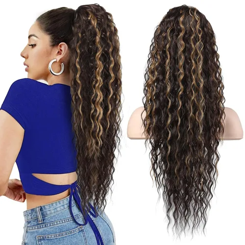 Vista 25 de Flufymooz Extensión de cola de caballo, 22 pulgadas, estilo bohemio, con cordón, extensiones de cabello para mujer, cola de caballo larga, rizada